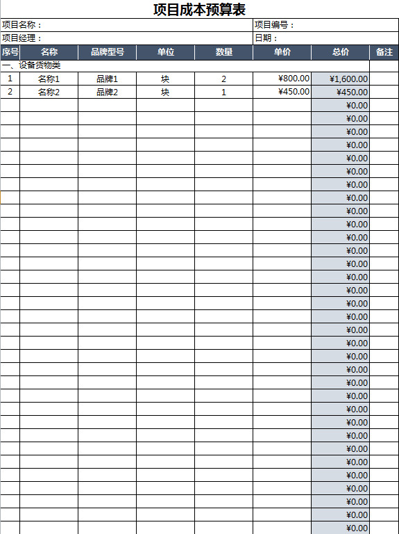 项目成本预算表