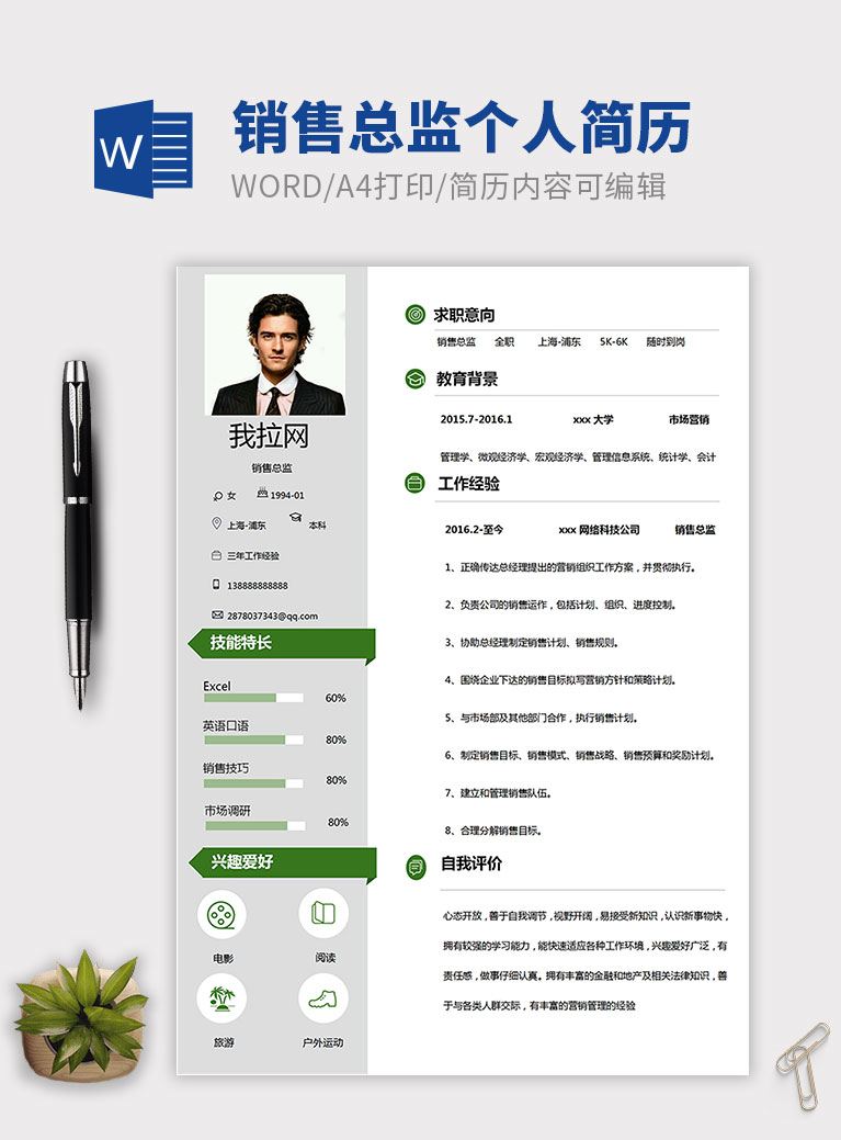 橄榄绿大方销售总监个人简历模板