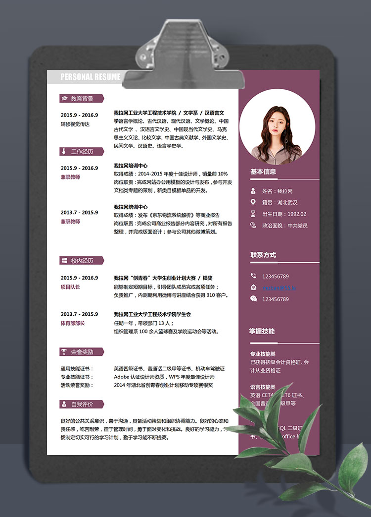 紫红风兼职教师简历模板