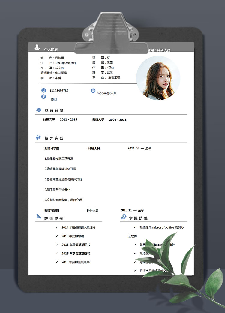 灰色系简洁风科研人员简历模板
