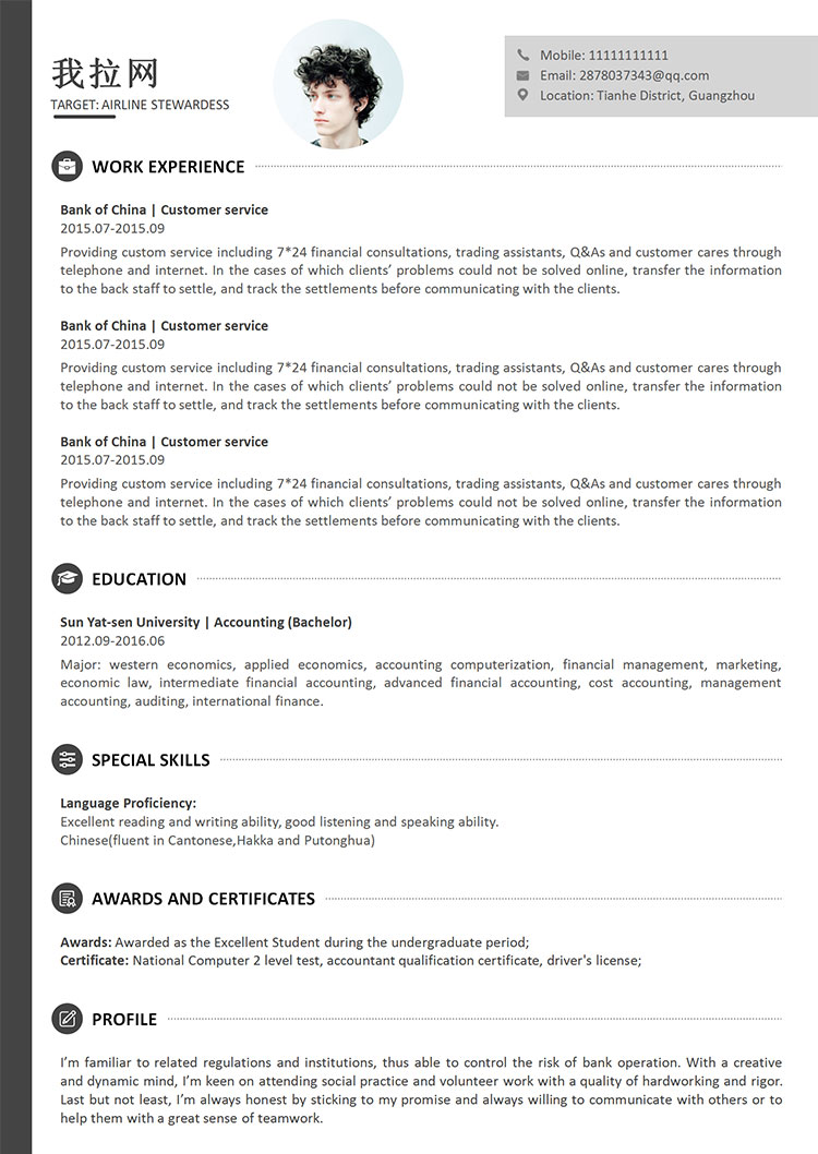 灰色经典风格空姐英文简历-1