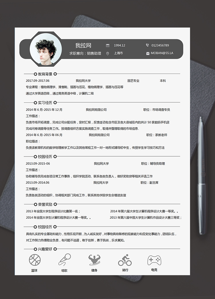 灰色大气风格销售助理个人求职简历模板