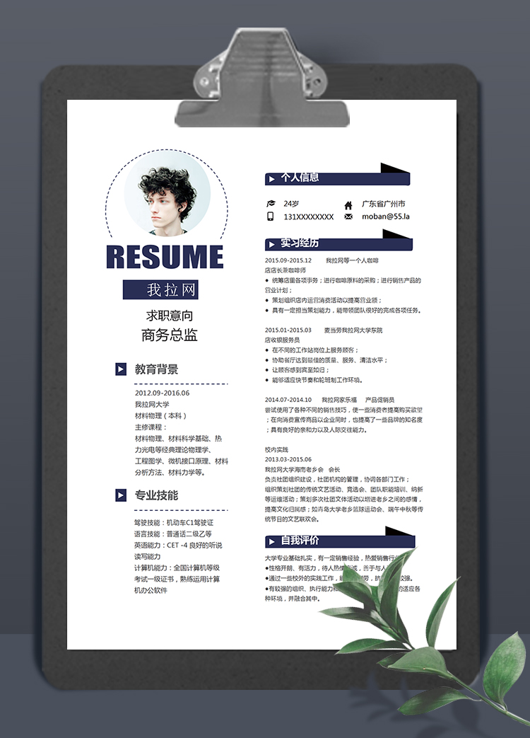 黑蓝简洁商务风格商务总监个人简历模板