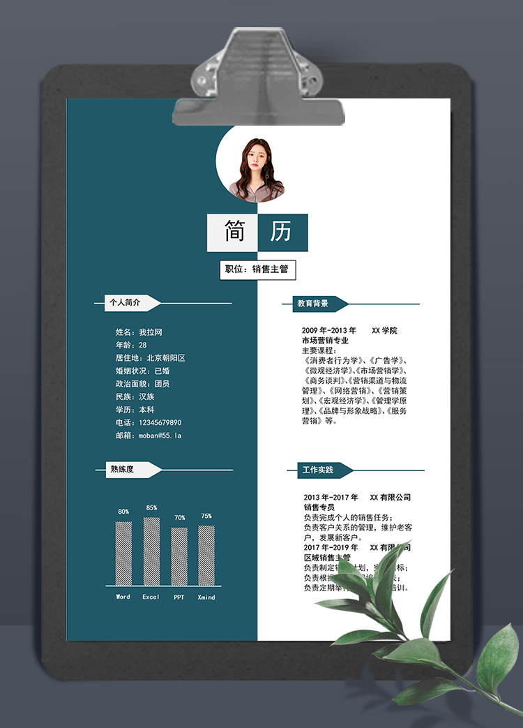 墨绿简洁大气风格销售主管个人求职简历模板