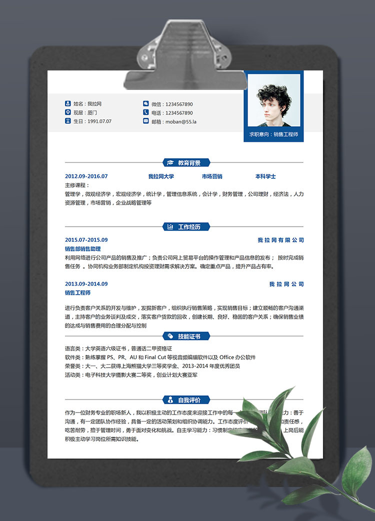 蓝色系销售工程师word简历模板