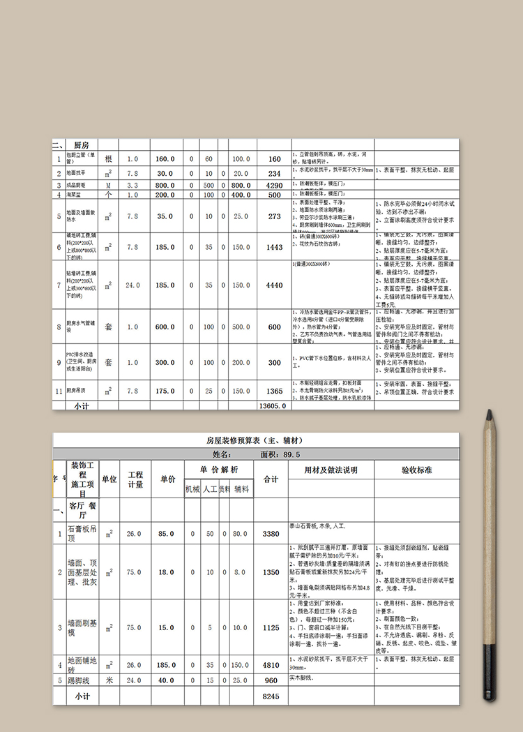 房屋装修预算表