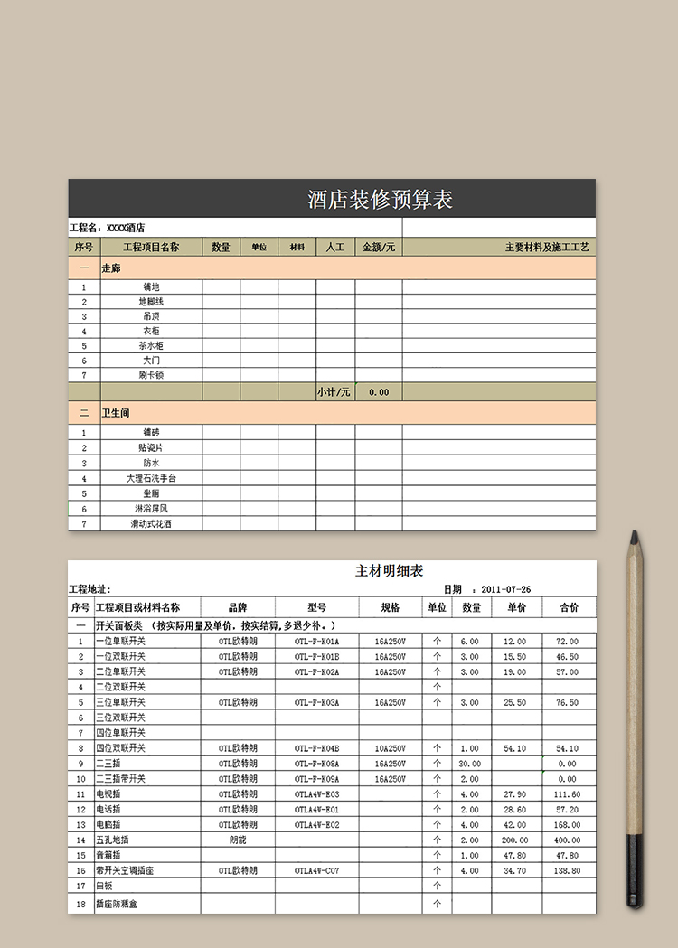 酒店装修预算表