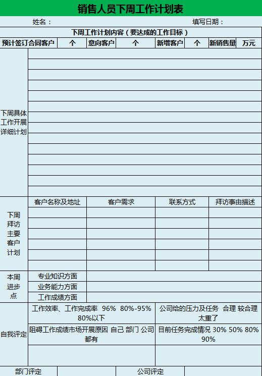 销售人员工作计划表excel表格模板 销售管理素材下载 W大师